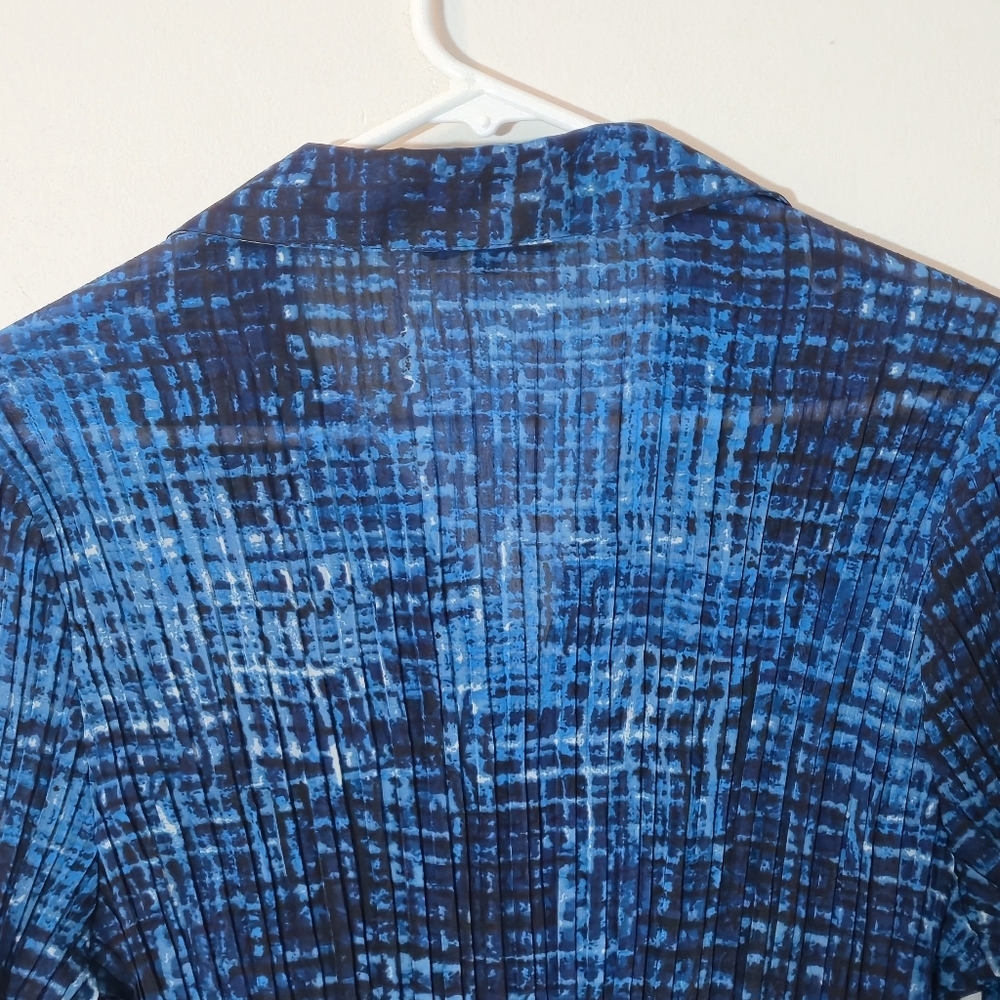 Addition Elle Sz 16 Abstract Button-Up Blouse Pleated Flared Sleeves Royal Blue - Picture 11 of 16